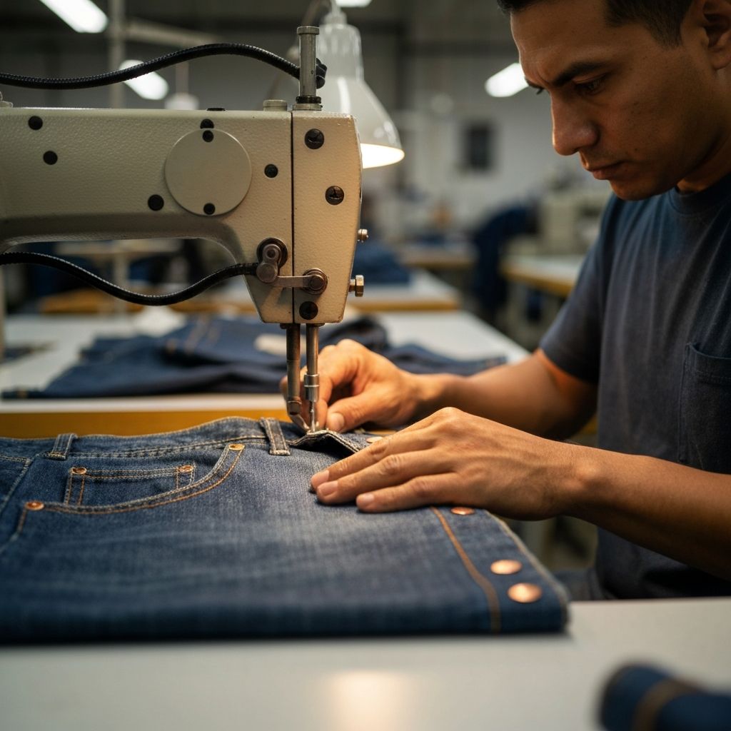 Skilled craftsperson sewing denim jeans